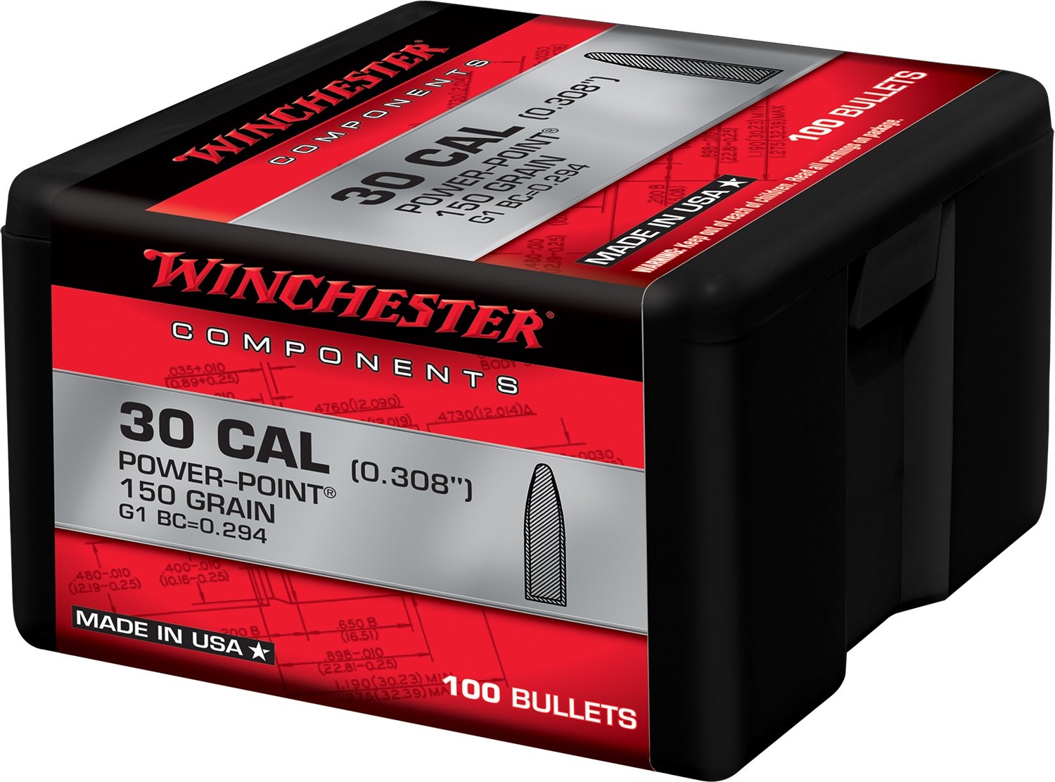 Winchester WB30PP150X .30 Caliber 150 Grain JSP Projectiles 100 Count - Winchester - .308