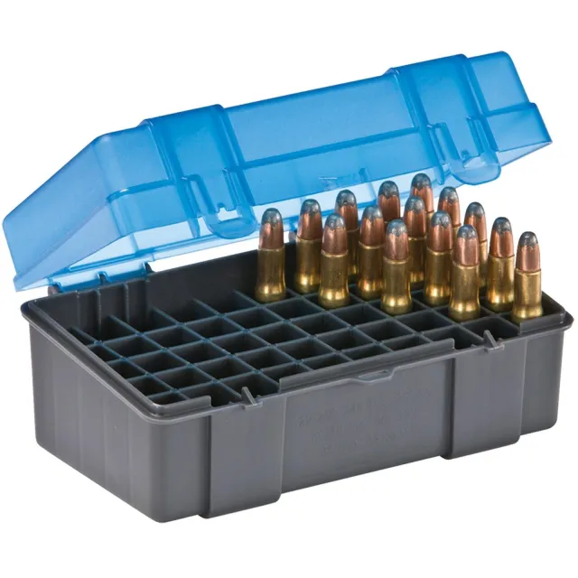 Plano Small Rifle Ammo Box 50 Rounds Blue Flip Top Polymer - Plano Molding Company - .22-250, .250 Savage, 30-30 Win, .32 Win