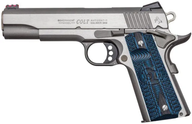 Colt CLT Government 38SUP 5" COMP Series BLEM: Brushed Stainless, Single Action, G10 Checkered Scallop Stock, Novak Sight, 9+1 Capacity