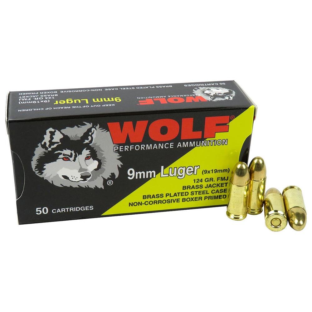 Wolf 919WCFMJ 9mm 124GR FMJ Brass Plated Steel Case 50/Box - Wolf - 9mm