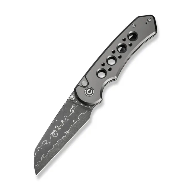 CIVIVI Pragma Prime Thumb Stud & Button Lock Knife Gray Aluminum Handle (3.49"" Damascus Blade) - CIVIVI Knives