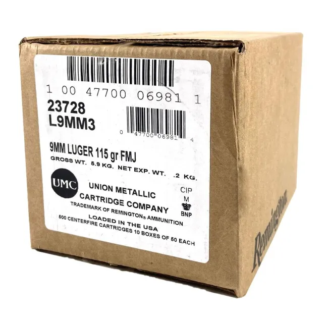Remington UMC Handgun Ammunition 9mm Luger 115 gr FMJ 1145 fps 1000/ct Case (20-50/ct Boxes) - Remington Arms Company, LLC - 9MM LUGER