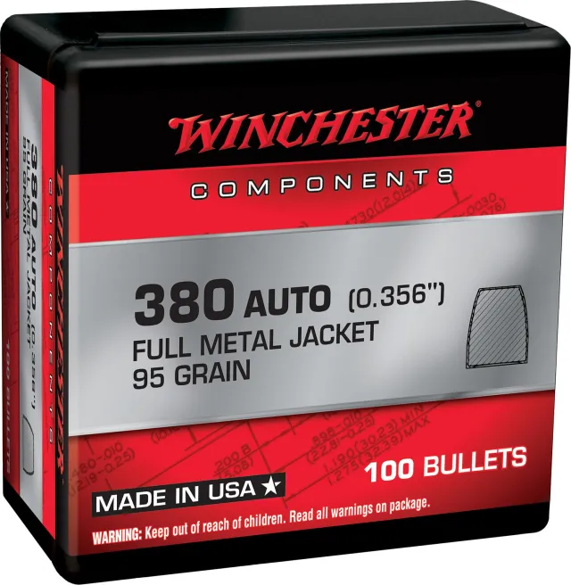 Winchester WB380MC95X Centerfire Handgun Reloading Bullets .356 95 gr FMJ