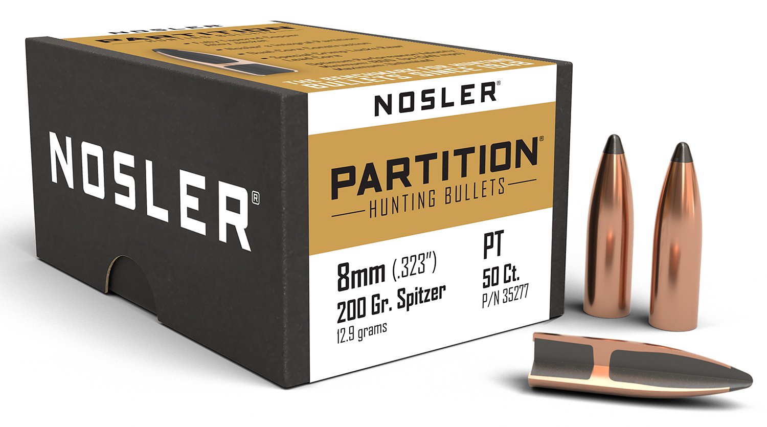Nosler 35277 Partition 8mm .323, 200 GR Spitzer, Copper-Alloy Jacket, Lead Tip, 50 Box Set, USA Origin - Nosler - .323
