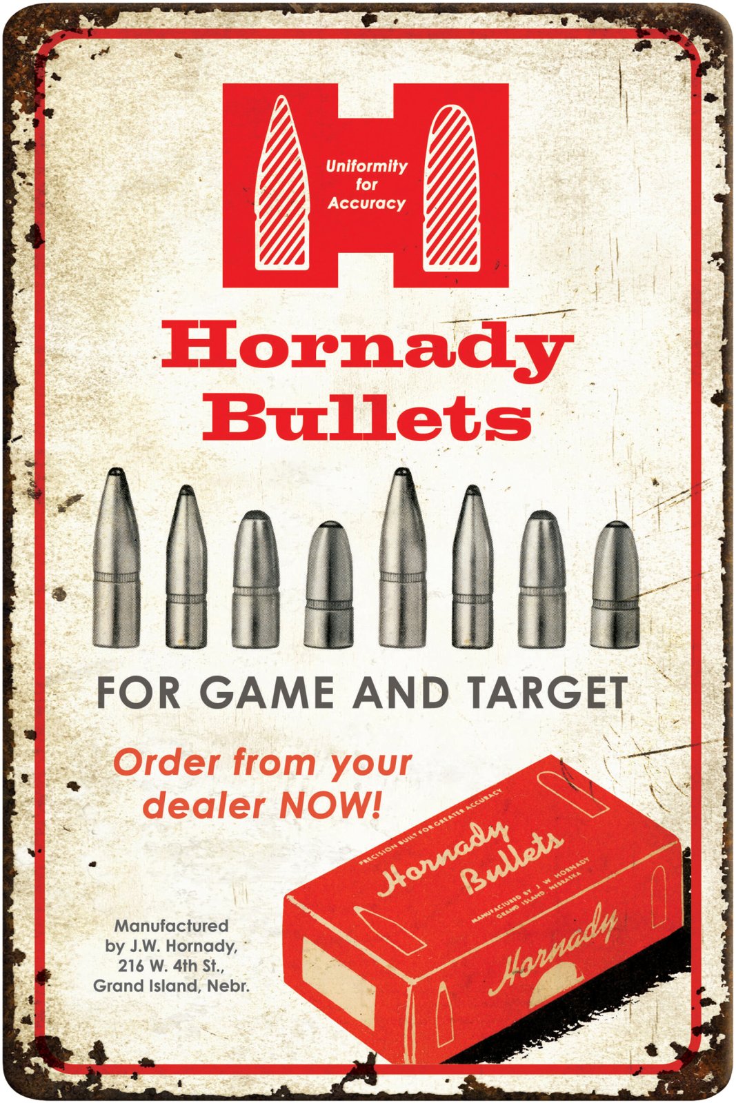 Hornady 99145 Bullets Tin Sign Rustic Red White Aluminum 12" x 18" - Hornady