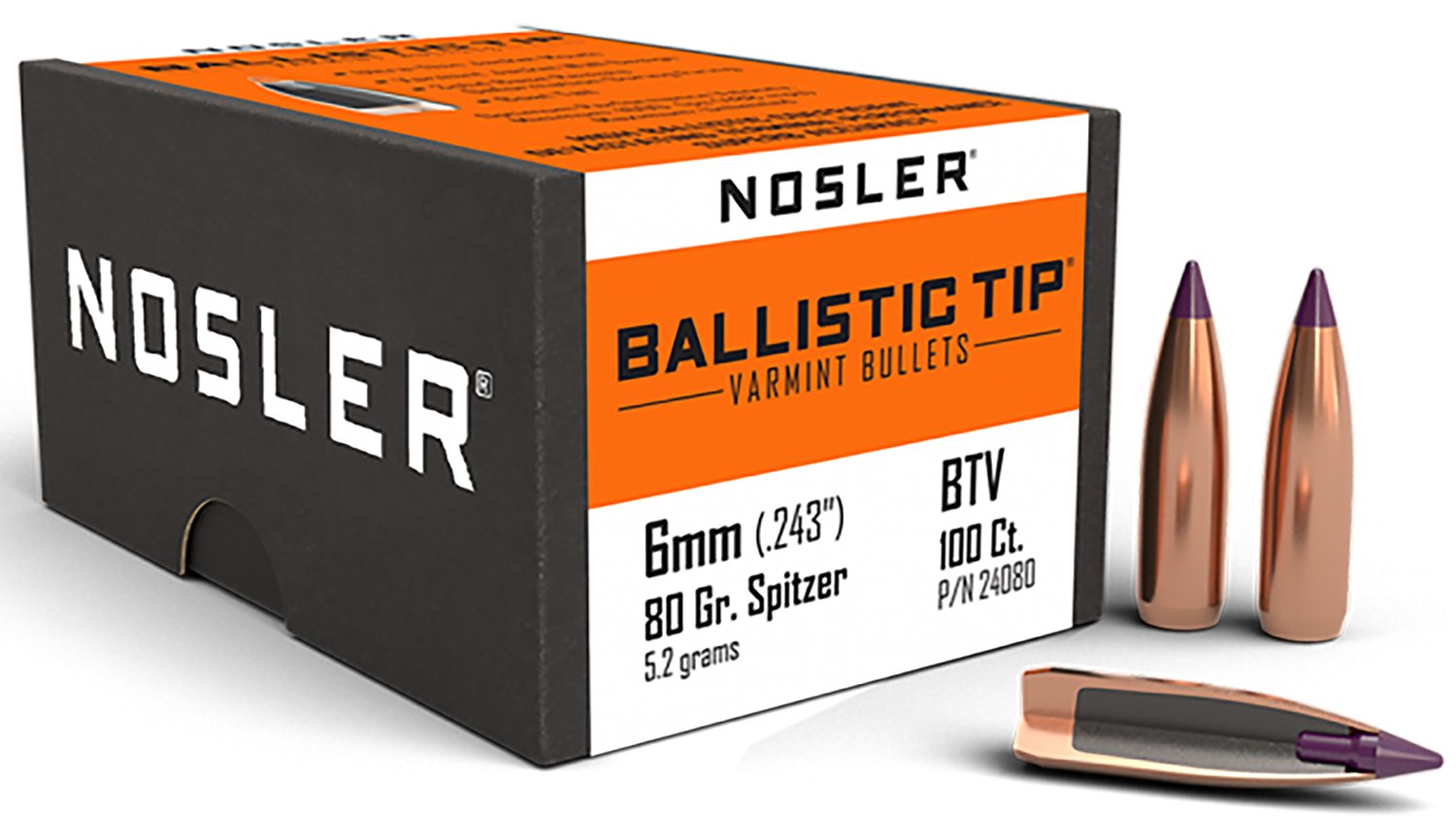 Nosler 24080 Ballistic Tip Varmint 6mm .243 80 gr Spitzer Point 100 Per Box - Nosler - 6mm