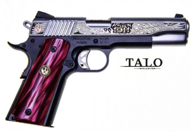 RUGER SR1911 PHOENIX 45 ACP 5IN BARREL 8RD ENGRAVED SLIDE CUSTOM RED PEARL KIRINITE GRIPS WITH RUGER MEDALLION 16708 - RUGER - 45 ACP