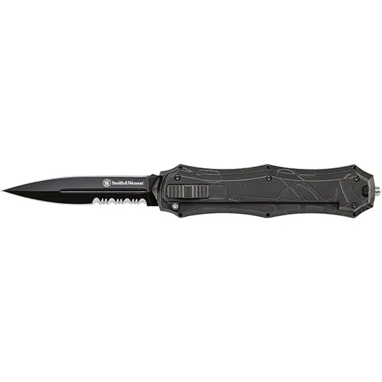 Smith & Wesson SWOTF9BS OTF Assist Dagger Knife with Glass Breaker 3.6" Black Oxide Blade - BTI