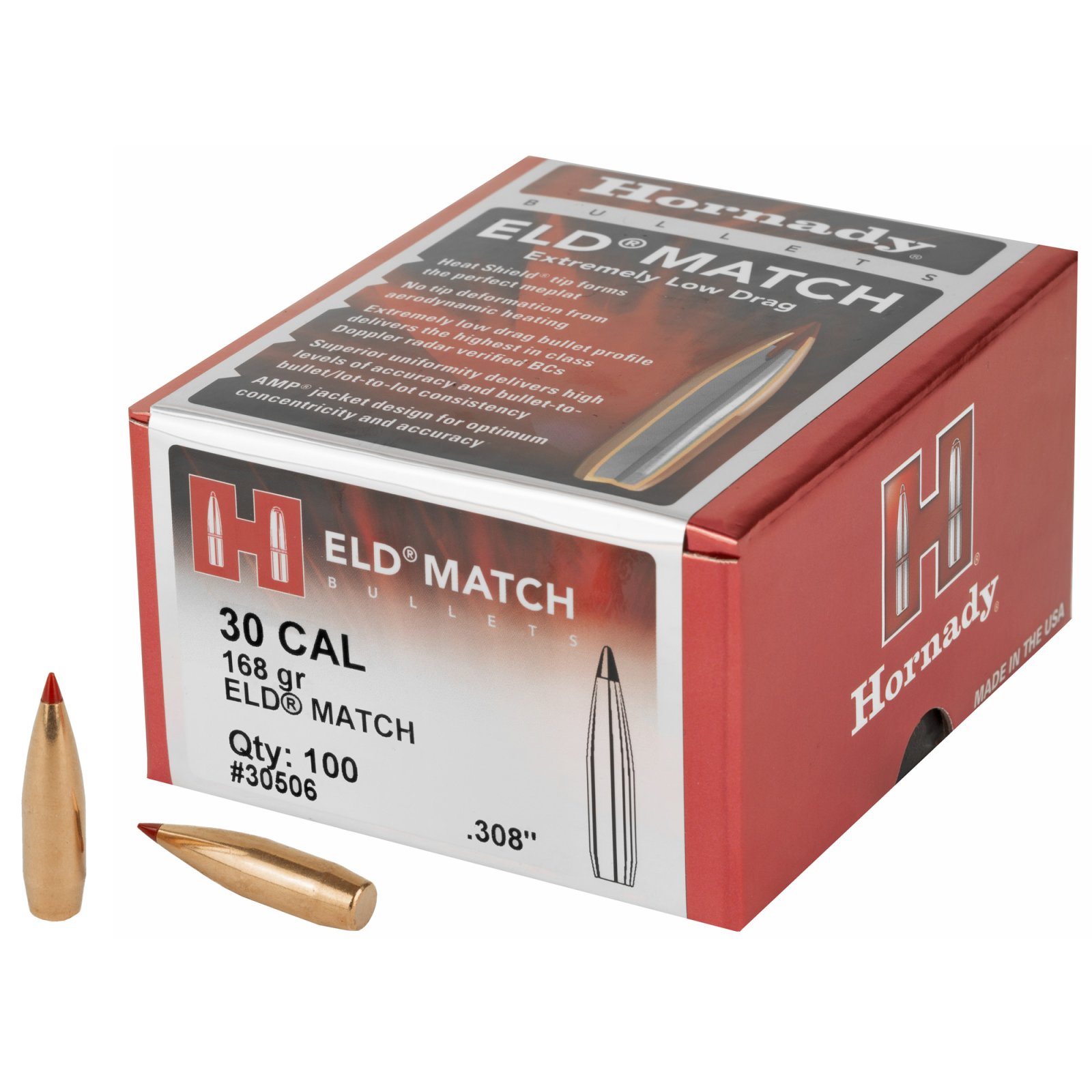 Hornady 30506 ELD Match Target 30 Cal .308 168 gr Extremely Low Drag-Match (ELD-M) - Hornady Manufacturing Company - 30 Caliber
