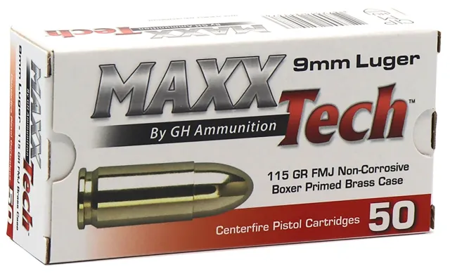 MAXXTech PTGB9MMB 9mm Luger Ammo - 115gr, Full Metal Jacket, 1150 fps Velocity, 323 ft/lbs Energy, 50 Rounds, Brass Color - MaxxTech - 9mm Luger