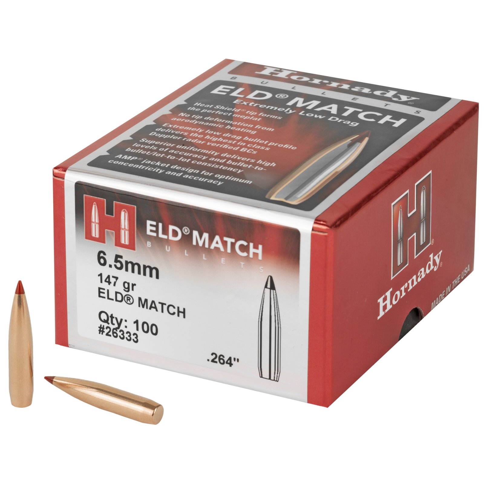 Hornady 26333 ELD Match 6.5mm .264 147gr Extremely Low Drag-Match (ELD-M) - 100/Box 20/Case - Hornady Manufacturing Company - 264 Caliber