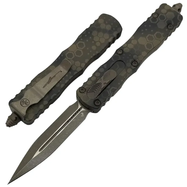 Microtech Dirac 2.92 In Double Edge Bronze Apocalyptic Hex Camo Aluminum Handle - MICROTECH