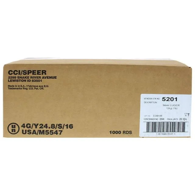 CCI Blazer Brass Handgun Ammunition 9mm Luger 124 gr. FMJ 1090 fps 1000/ct (20-50/ct) - CCI - 9mm
