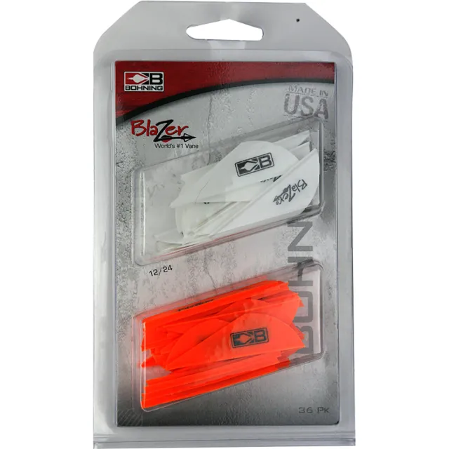 Bohning Blazer Vane Combo White/Neon Orange 36 pk. Universal vane for any broadhead, crossbows, and 3D archery. 2" length, .6" height, 6 grains. Model: 101050WH/NO - Bohning