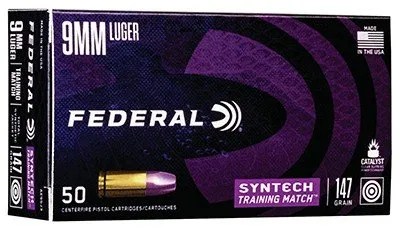 Federal American Eagle Syntech Training Match 9mm, 147gr TSJ Flat Nose, 50 Rounds, Lead-Free Primer