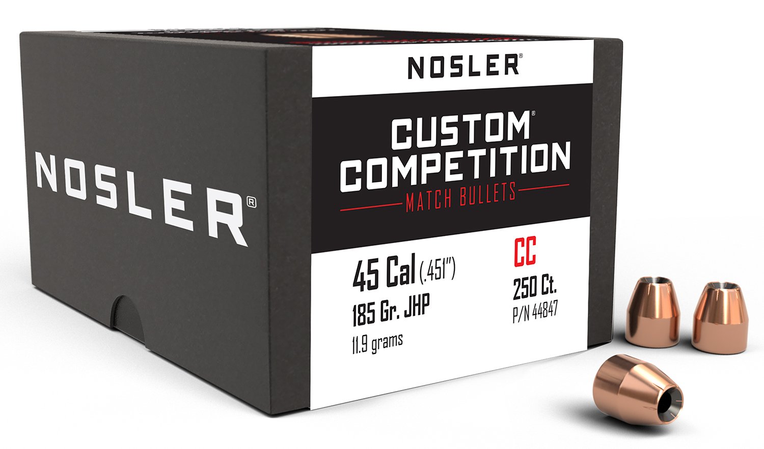 Nosler 44847 Custom Competition 45Cal 185gr Jacketed Hollow Point 250-Box - Nosler - 45 Caliber