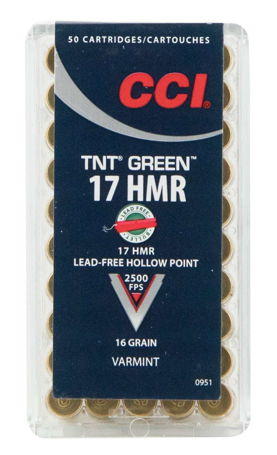 CCI Ammunition .17 HMR 16gr Speer TNT Green HP Rimfire Ammo - 50 Rounds - CCI - 17 HMR