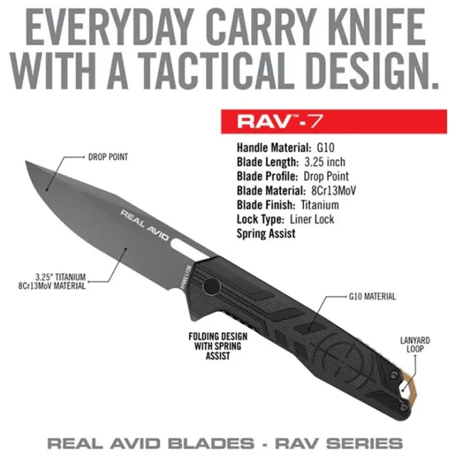 Real Avid AVRAV7 RAV-7 EDC 3.25" Drop Point Knife Black G10 Handle - View 3