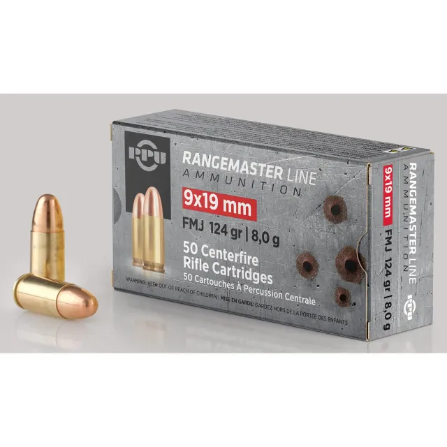 PPU PPRM9 Rangemaster 9mmLuger 124gr Full Metal Jacket 50 Per Box/20 Case - View 2