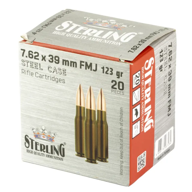 Sterling Steel Cased 7.62x39 Rifle Ammo - 123 Grain FMJ 20rd Box SRL8698779967284 - View 2