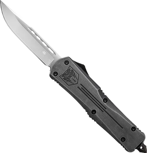 CobraTec Small FS3 OTF Knife: 3'' D2 Drop Point, Stonewash Finish, Carbon Steel Blade, Aluminum Handle - View 2