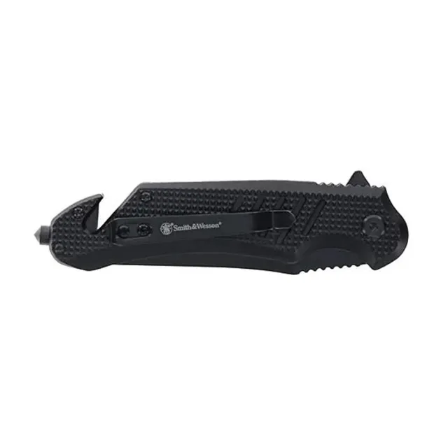 Smith & Wesson Extreme Ops Folding Knife 3-1/2 Clip Point Blade Black with Glass Breaker and Strap Cutter - View 2