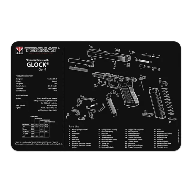 TekMat TEK-R17-GLOCK-G4 Armorer's Mat 11x17 Neoprene Exploded Diagram - View 2