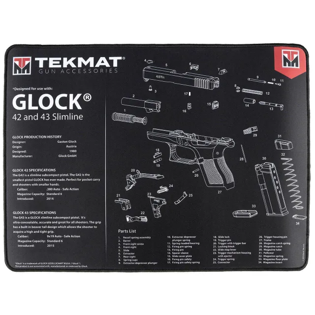 TekMat Ultra 15x20 Black Mat Glock 42/43 Exploded Parts Diagram - View 2