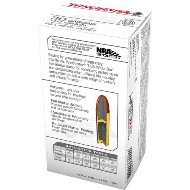 Winchester Ammo Q3132 USA 30 Carbine 110 gr 1990 fps Full Metal Jacket (FMJ) 50 Bx/10 Cs - View 3