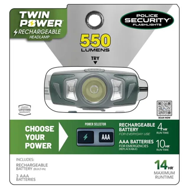 Police Security Flashlights 97743 Twin Power Headlamp Gray 550 Lumens AAA - View 2