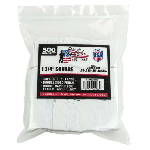 Pro-Shot 1.75" Square Cotton Flannel Gun Cleaning Patches 7mm-.38/6mm 500ct - View 2