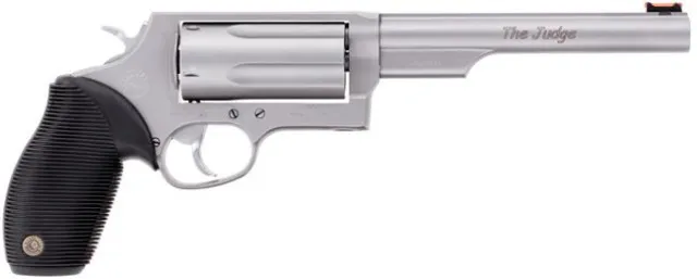 Taurus 2-441069MAG Judge Magnum Revolver, Stainless Steel, 6.5" Barrel, 5rd Capacity, 410/45 Colt Caliber, Ribber Grip, Fiber Optic Sight - View 2