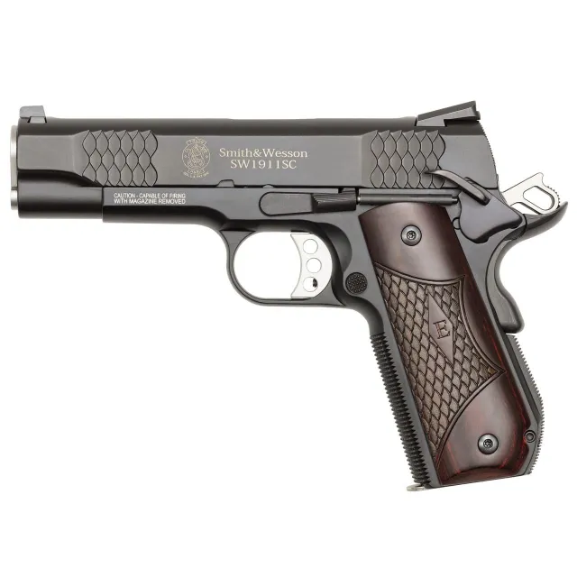 Smith & Wesson 108483 1911 E-Series 45 ACP 4.25" Barrel 8+1 Capacity Black Scandium Frame Stainless Steel Slide Laminate Wood Grip Manual Thumb Safety - View 2