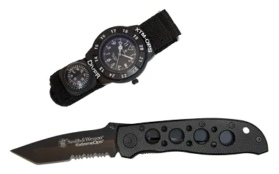 S&W SWXTMOPS2 S&W Extreme Ops Combo 3.18" Folding Plain Black 420 Stainless Steel Blade, Black Handle, Watch w/Compass - View 2